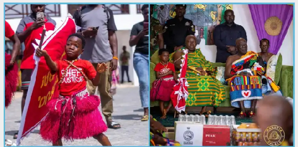 Watch the hilarious moment a young boy asked Otumfuo to hold his flag while he visited the washroom